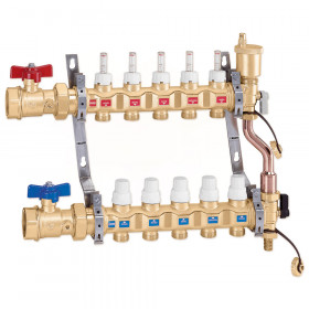 Caleffi 668 колектори теплої підлоги з вентилями та витратомірами, підключення 1″, виходи 3/4″ зовнішня різьба, міжосьова відстань 50 мм