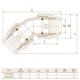 фітинги компресійні кутові 45° Unidelta 1018 D50-110 коліно 45