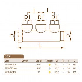Bianchi 223 колектори латунні підключення 3/4″ або 1″ з 3-ма виходами 1/2″ внутрішня різьба, міжосьова відстань 36 мм