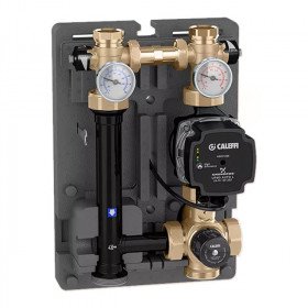 Caleffi 166609 групи терморегуляції в ізоляції з триходовим термостатичним клапаном з вбудованим температурним датчиком, термометрами, клапанами-відсікачами вторинного контуру