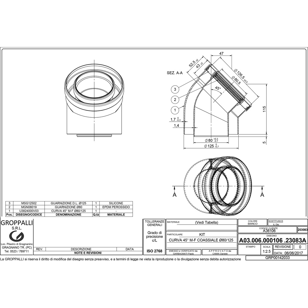 Groppalli A31068 коліно 45 конденсаційне 80/125